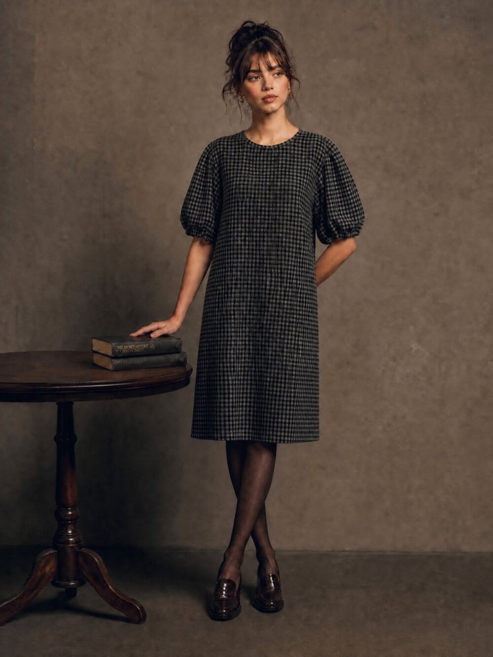 Pull & Bear Black Gingham Shift Dress Puff Sleeve Plaid Check Plaid Midi Mini